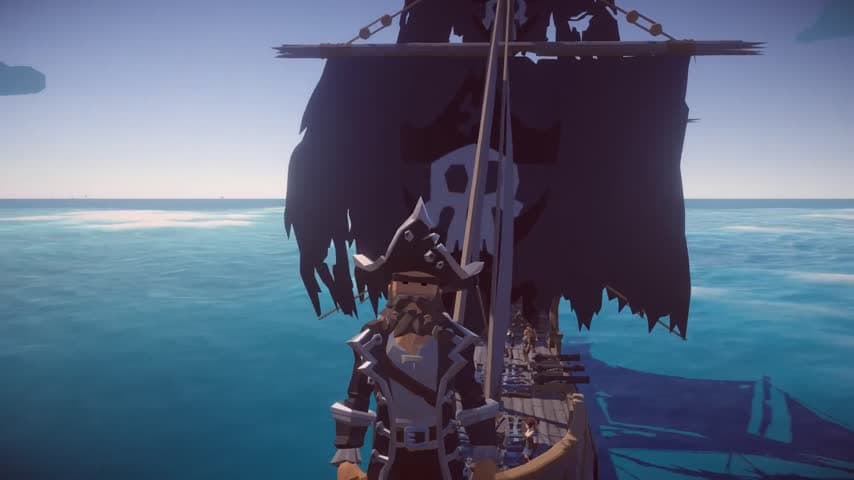 A pirate captain at the helm of a black-sailed ship